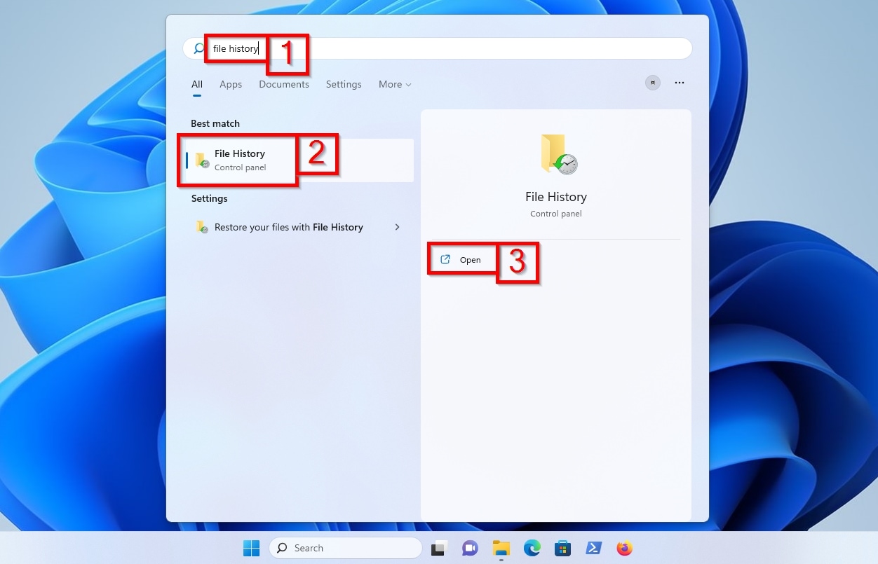 Running File History From Windows 11 Start Menu