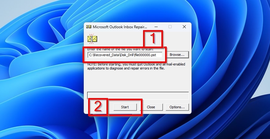 ScanPST Start Scanning Selected File