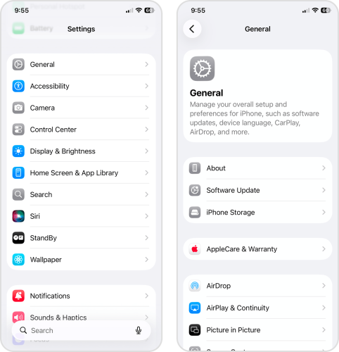 General page in the Settings app