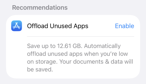 App Offloading recommendations in the iPhone Storage page of the Settings app