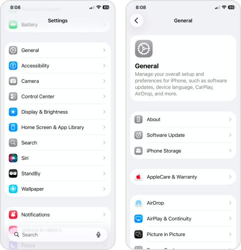 Opening the iPhone Storage menu in the Settings app