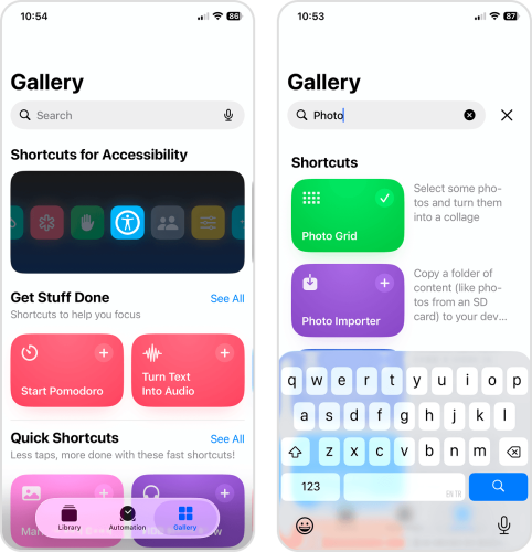 Photo Grid in the search bar of the Shortcut app's Gallery page