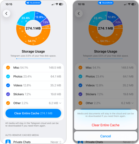 Cache management feature in the Telegram app