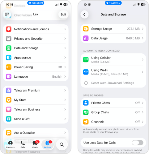 Telegram settings page and Data and Storage option