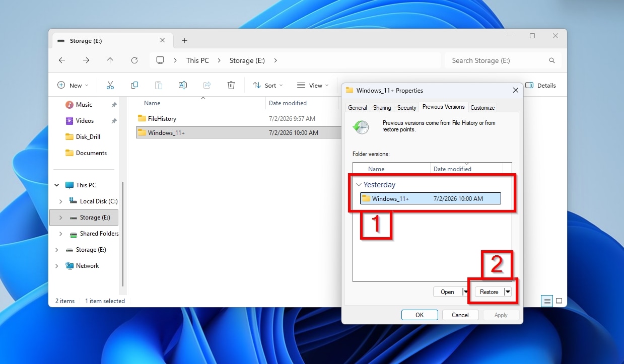 VM Folder Properties Panel Previous Versions Restore Folder Version