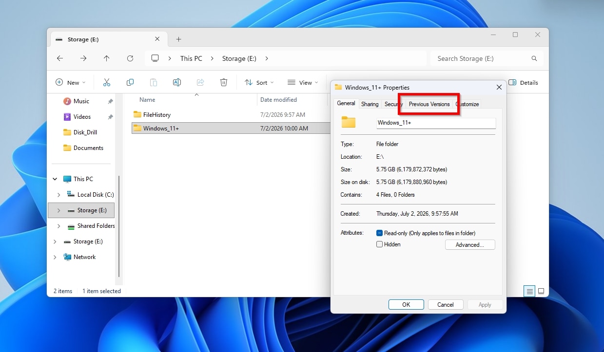 VM Folder Properties Panel Select Previous Versions Tab