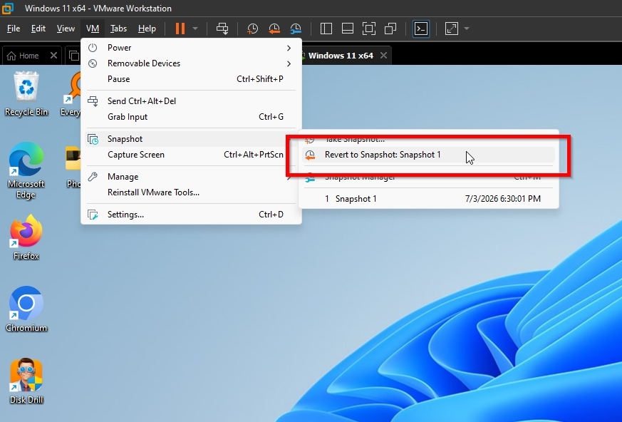 VMWare Workstation VM Snapshot Revert to Snapshot