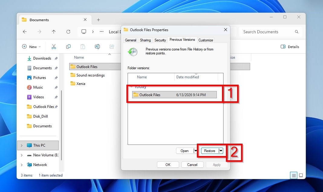 Windows File Explorer Outlook Files Properties Older Folder Version Restore