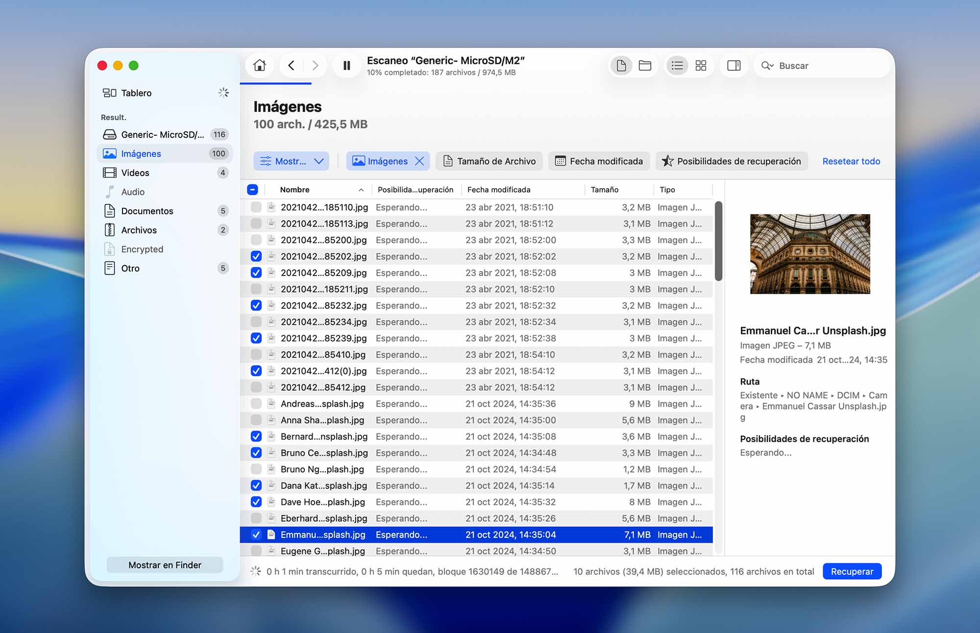 Seleccionando archivos para recuperar en Disk Drill.