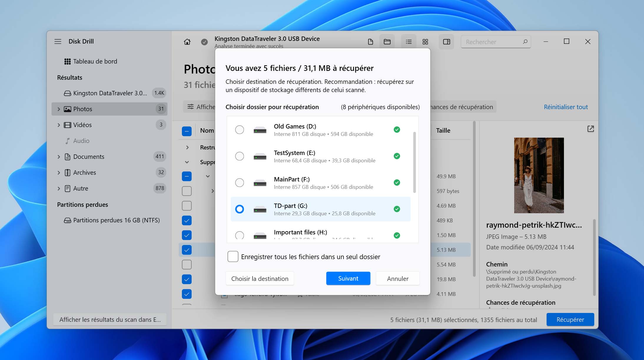 Sélection de la destination de récupération d'une clé USB formatée avec Disk Drill