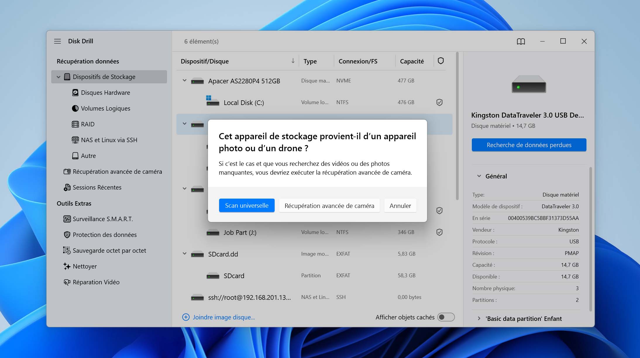 Recherche de données perdues sur une clé USB formatée sélectionnée