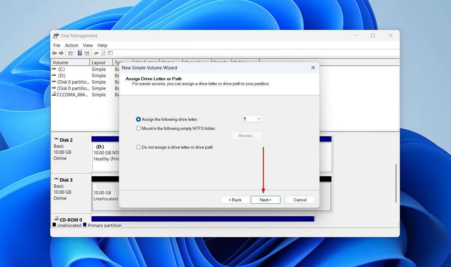 Choosing a drive letter.