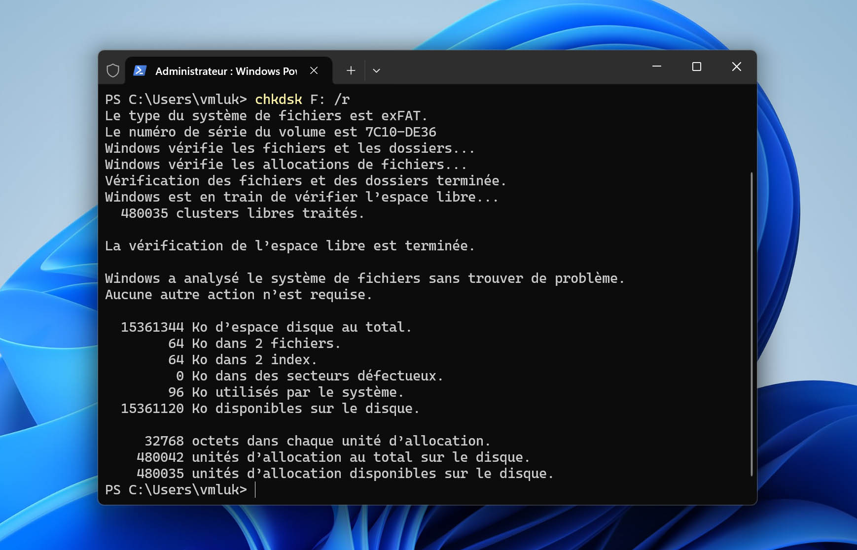 Réparer la clé USB avec CHKDSK