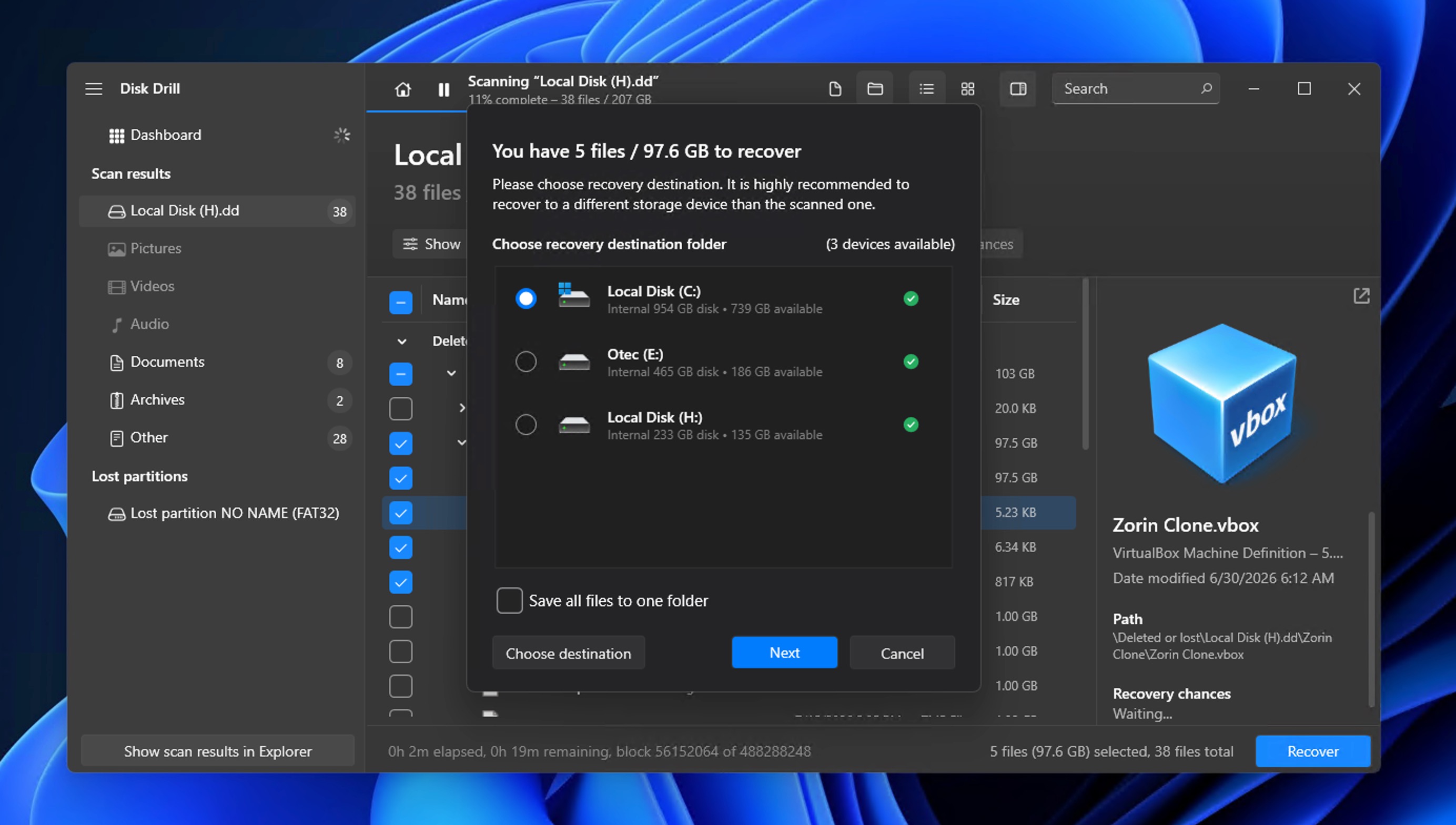disk drill destination selected