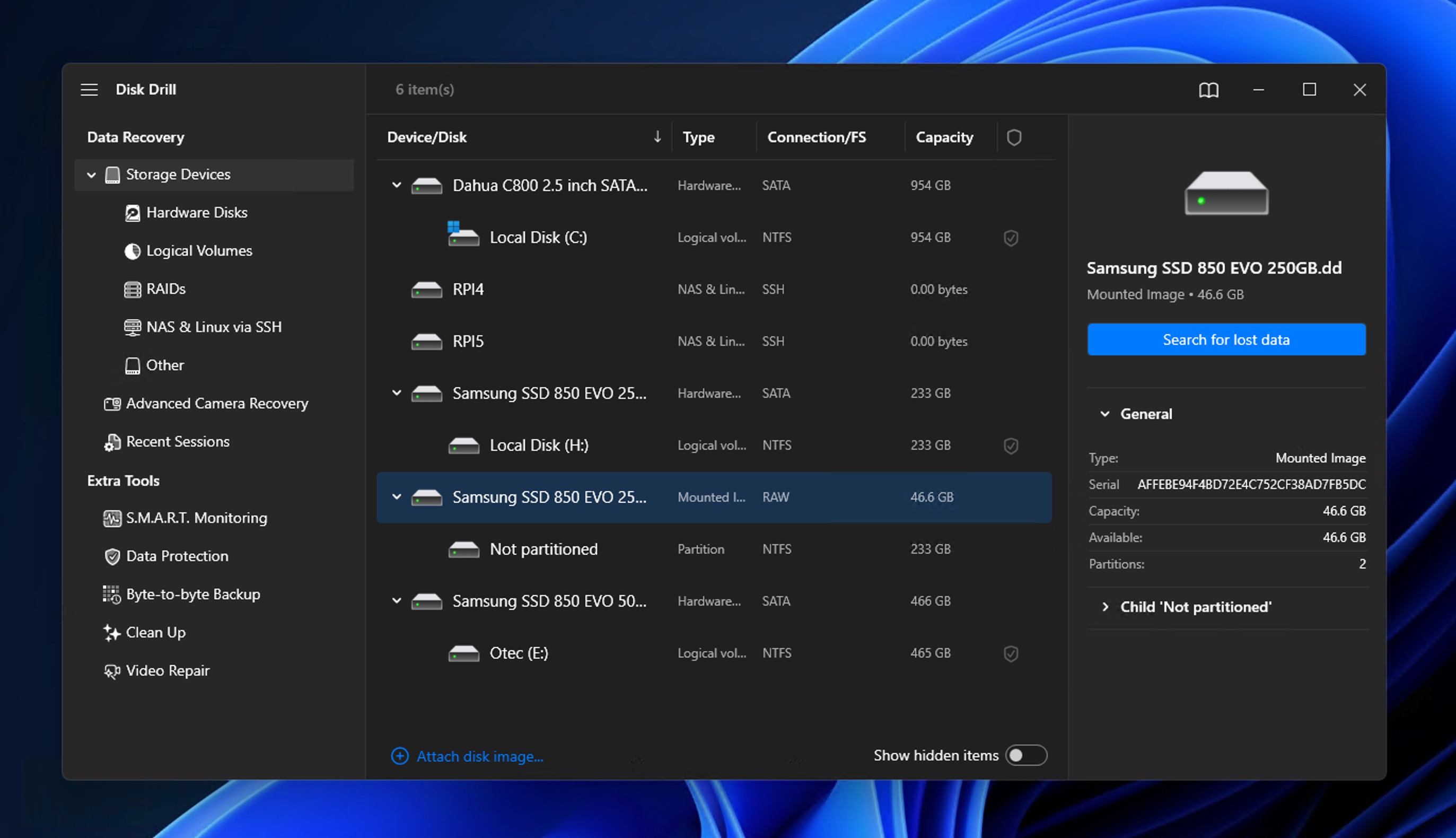 disk image search for lost data