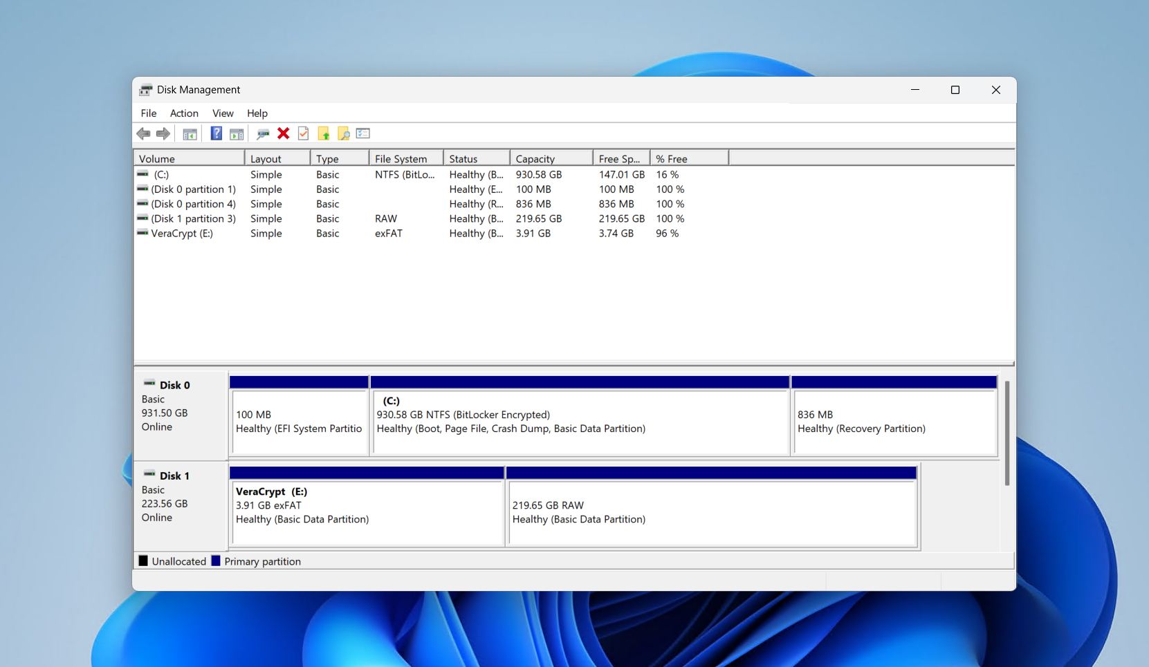 Disk Management on Windows 11.