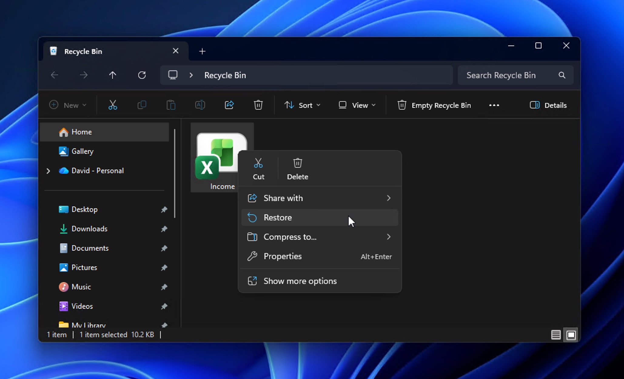 excel restore from trash windows