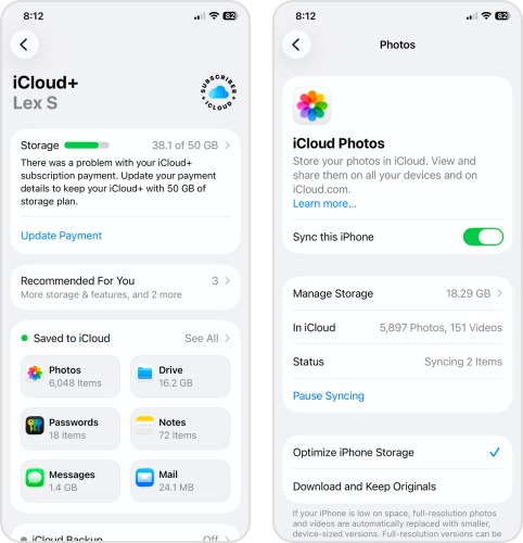 Activating sync and optimization features for iCld Photos