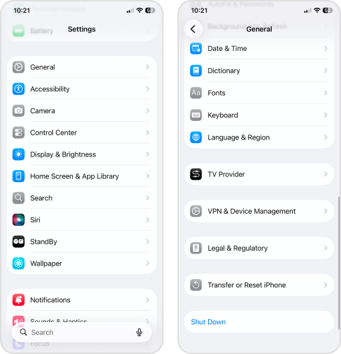 Shut Down option in the iOS Settings app