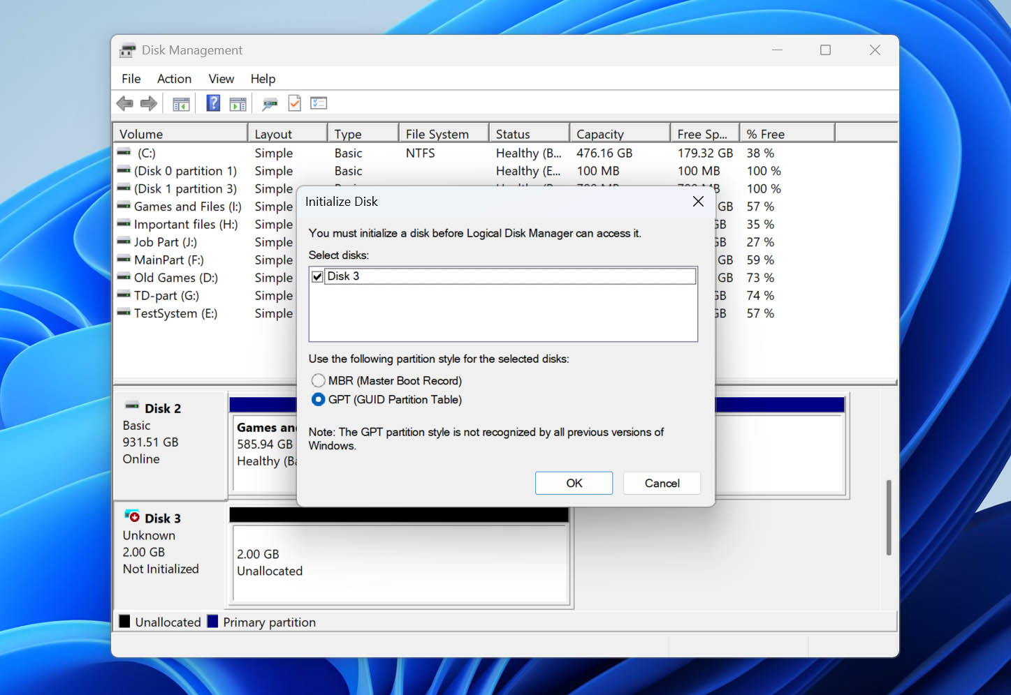 initialize drive in disk management