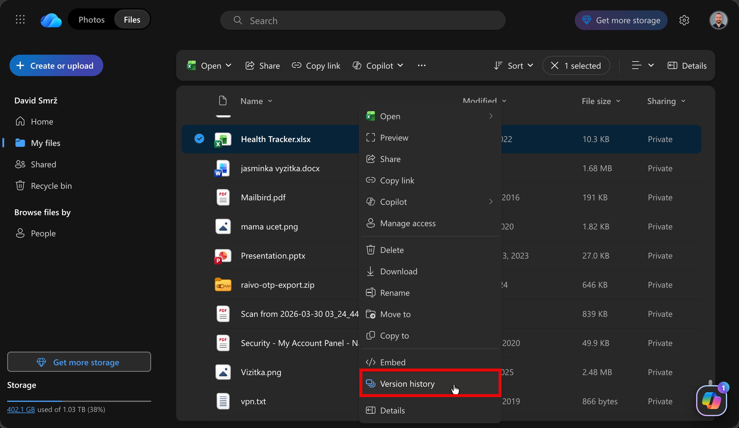 onedrive version history excel