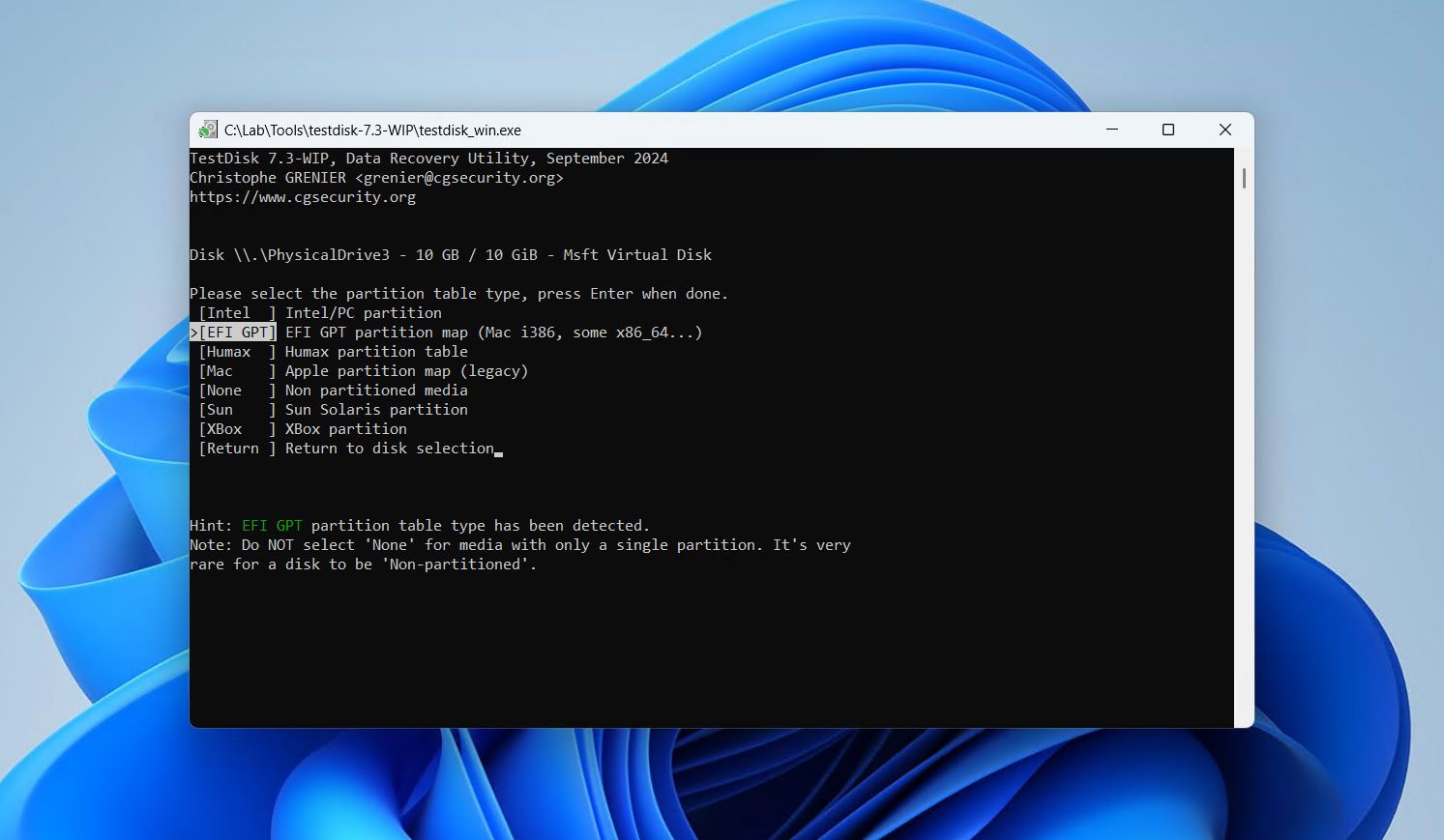 Selecting a partition table type.