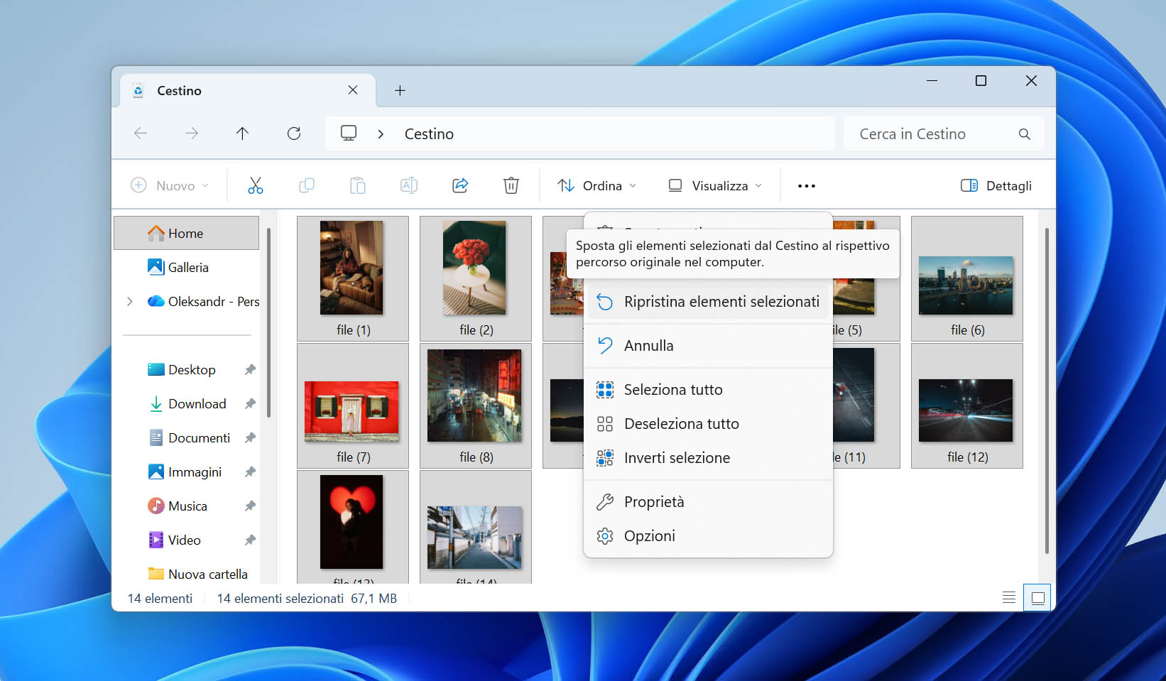 Ripristino file selezionati.