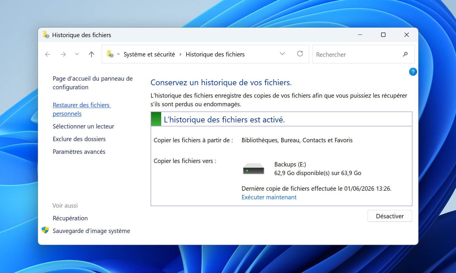 Restauration de fichiers personnels.