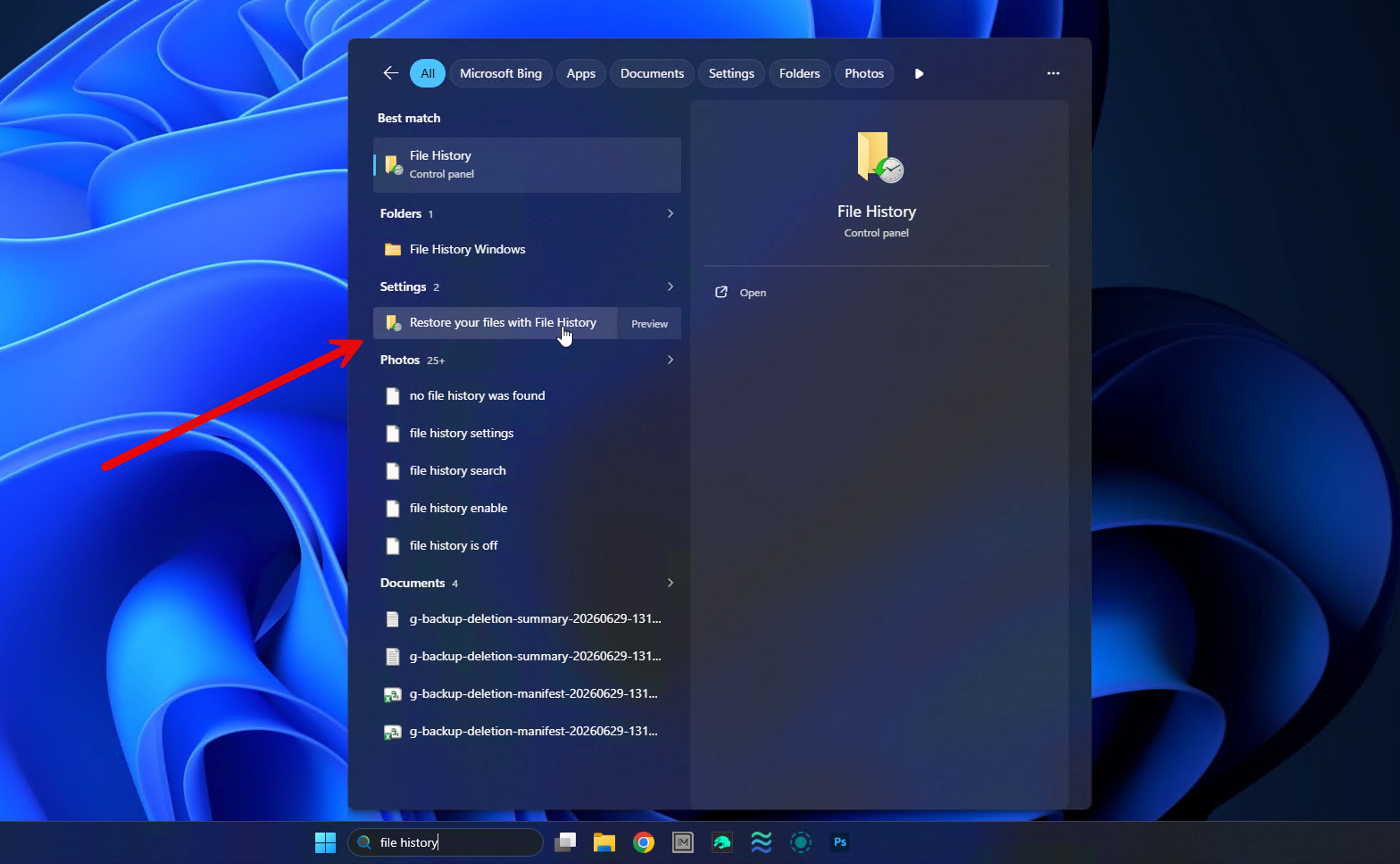 restore your files with file history setting