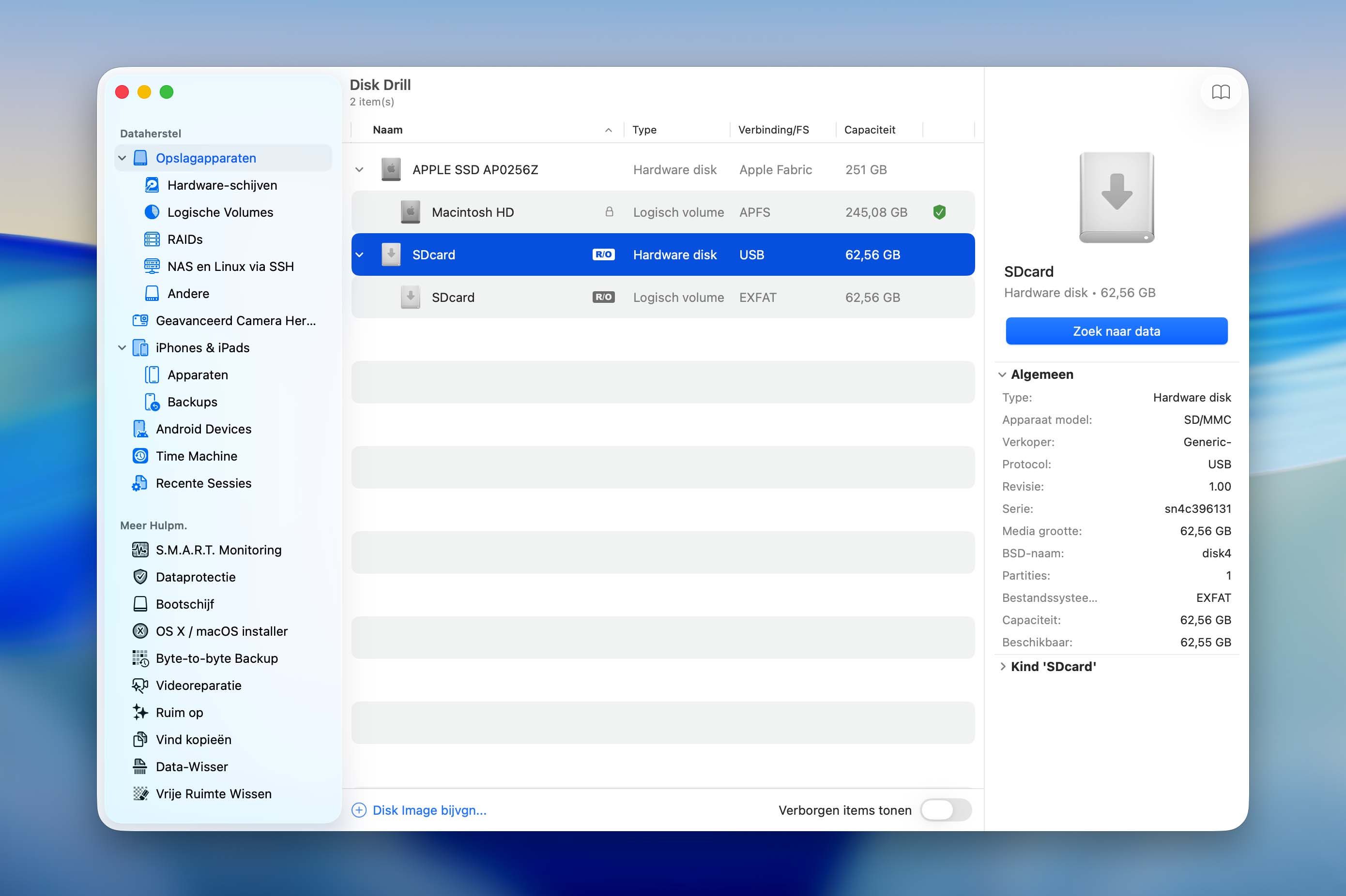 selecteer de geformatteerde sd kaart in disk drill op mac