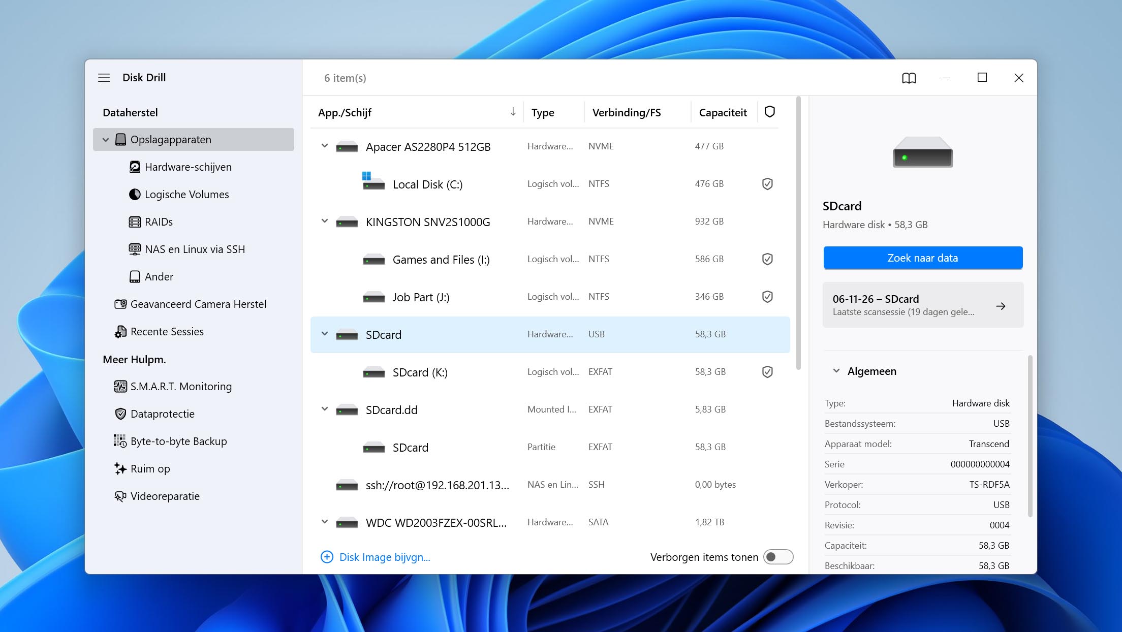 selecteer de geformatteerde sd kaart in disk drill op windows