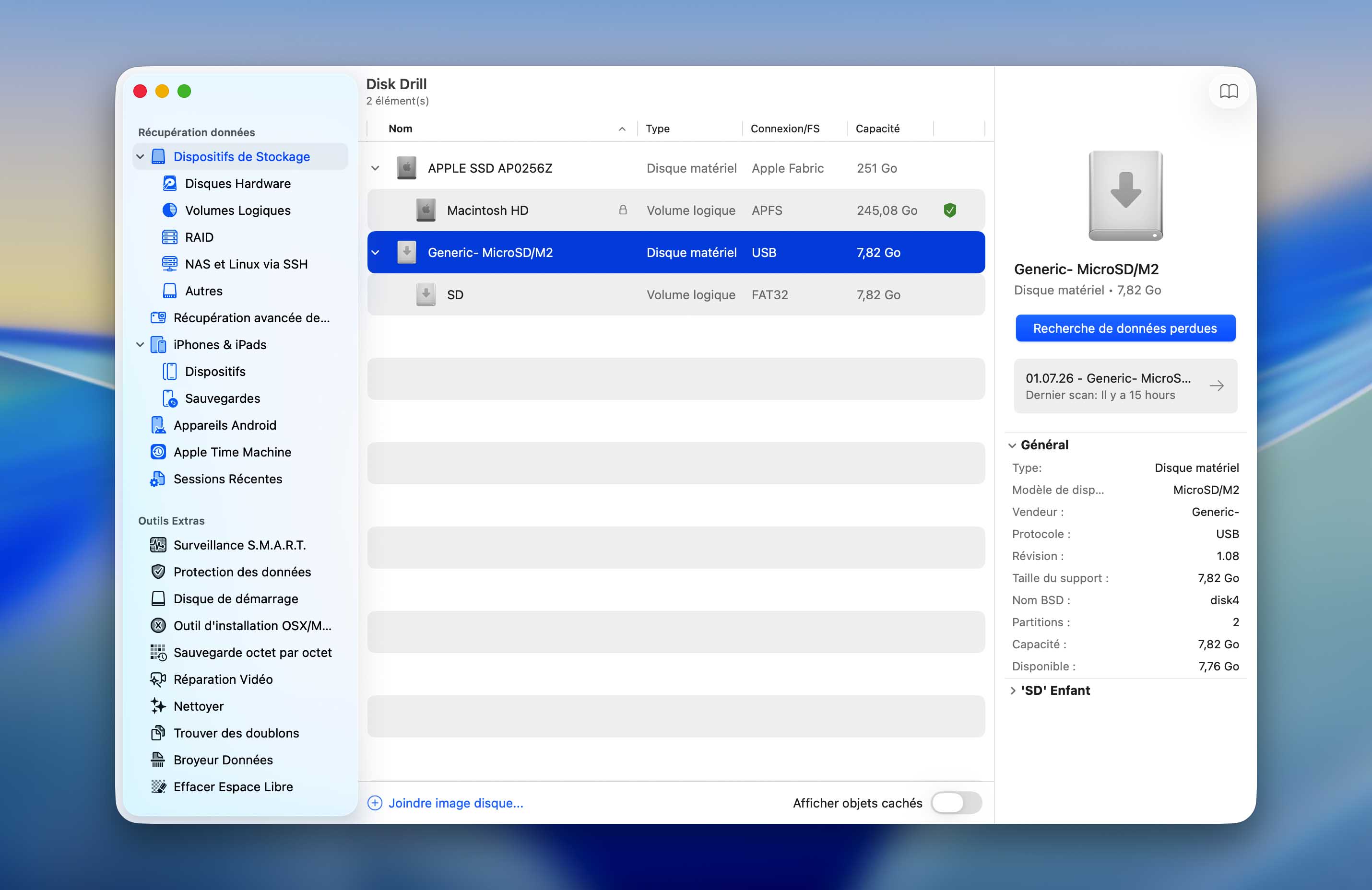 Sélection de la carte SD dans Disk Drill.