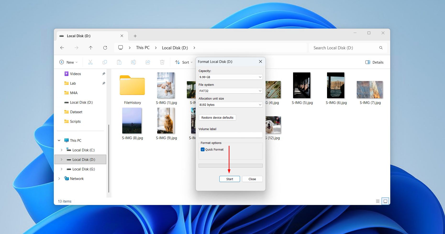 Starting the SD card format.