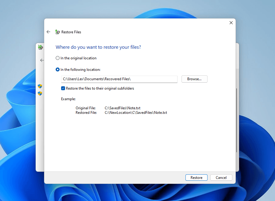 Destination folder selection menu for Backup and Restore