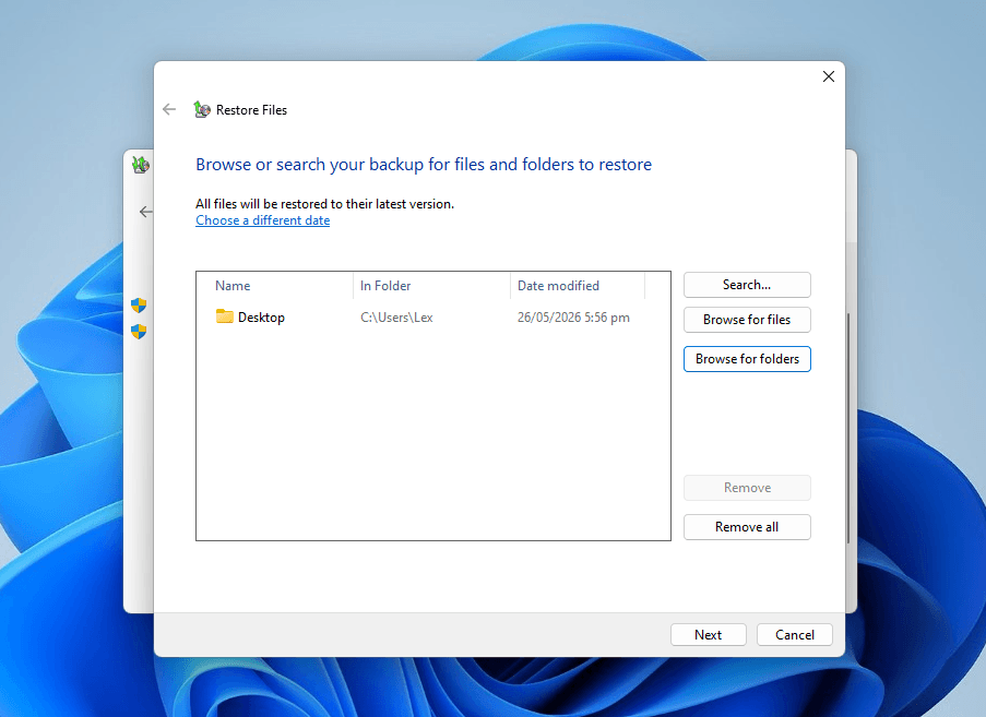 File and folder selection menu for Backup and Restore