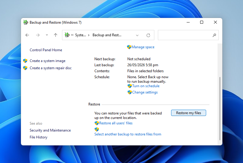 Clicking the Restore my files button in the Backup and Restore page