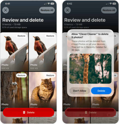 Reviewing deleted photos in Clever Cleaner