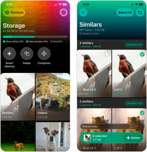 Clever Cleaner app main page and Similars tool