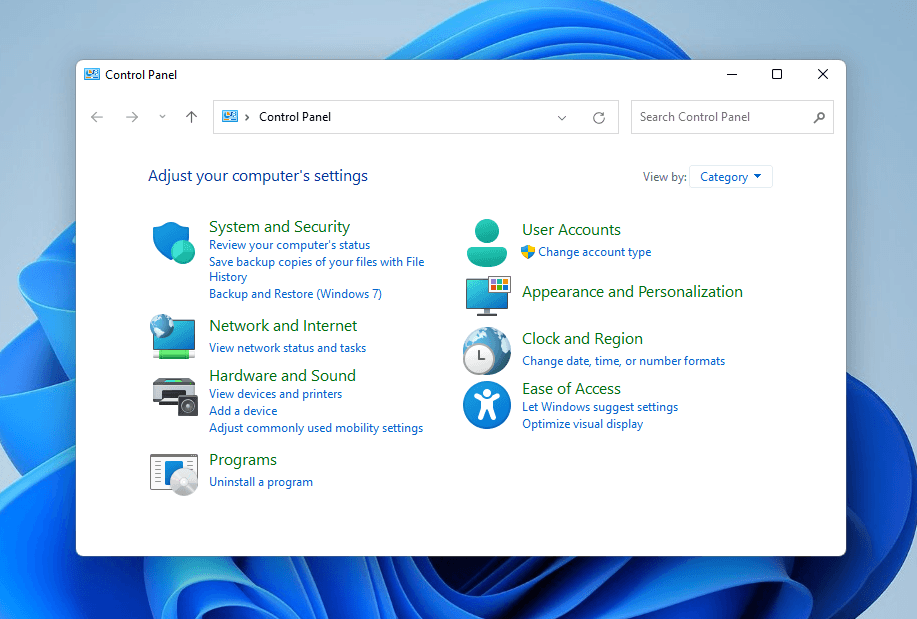 System and Security option in Control Panel