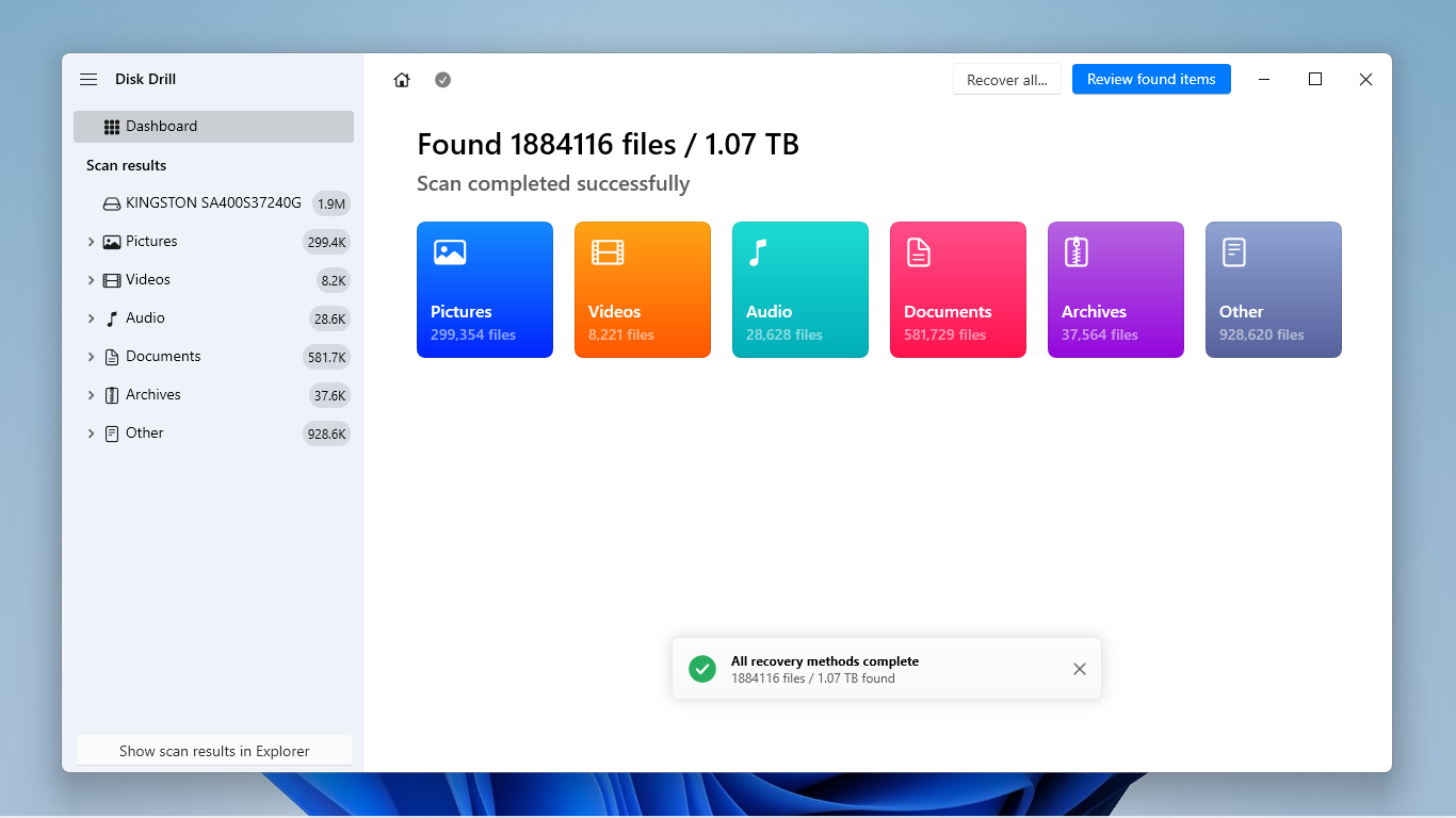 Disk Drill scan completion page and review files button