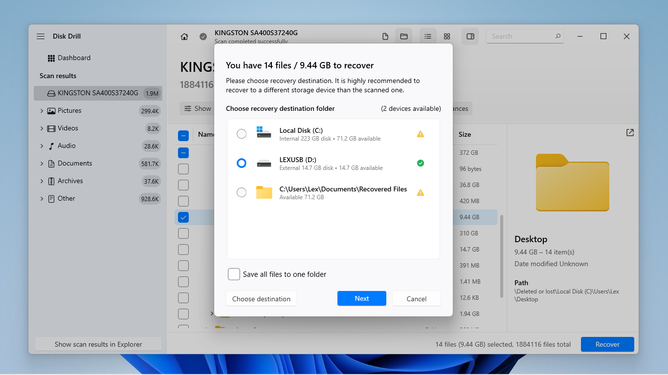 Destination selection menu in Disk Drill