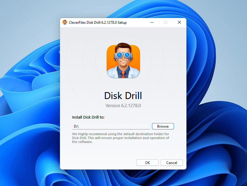 Disk Drill installation folder selection menu