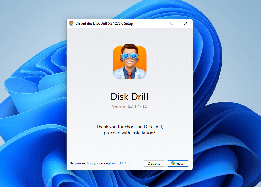 Options button in the Disk Drill installer window
