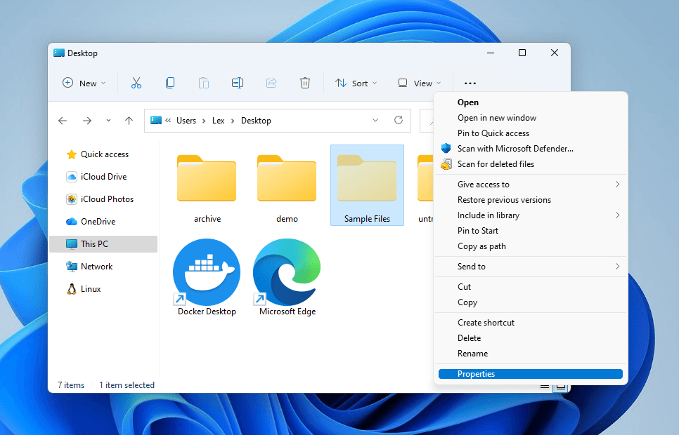 Selecting the Properties option for a folder in the right-click menu in File Explorer