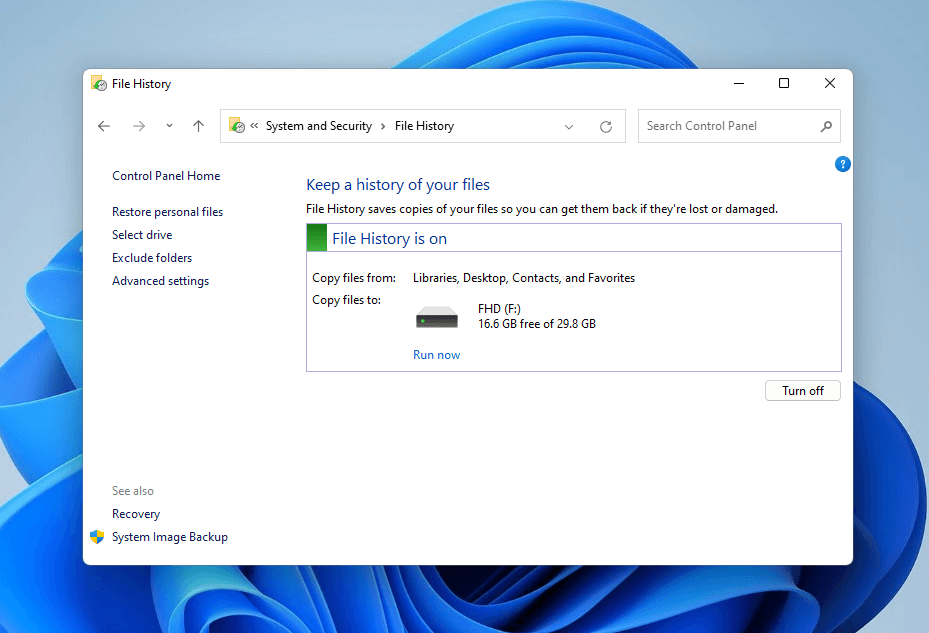 Restore personal files option in File History's left sidebar