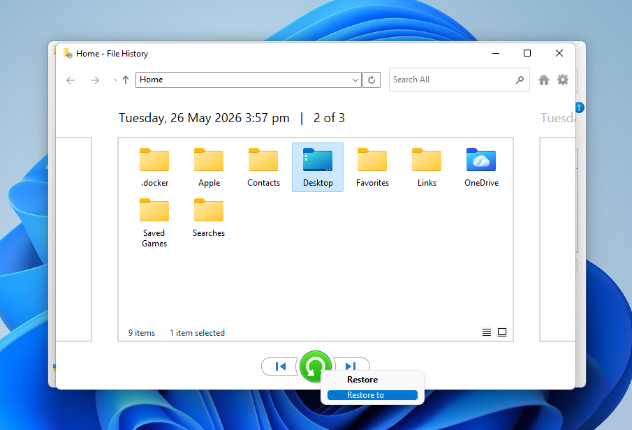 Restore To option in the File History browser window