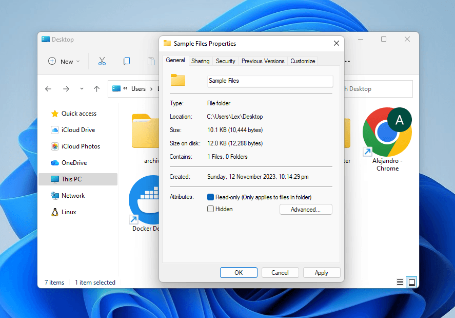 Unchecked Hidden setting in a folder's Properties menu