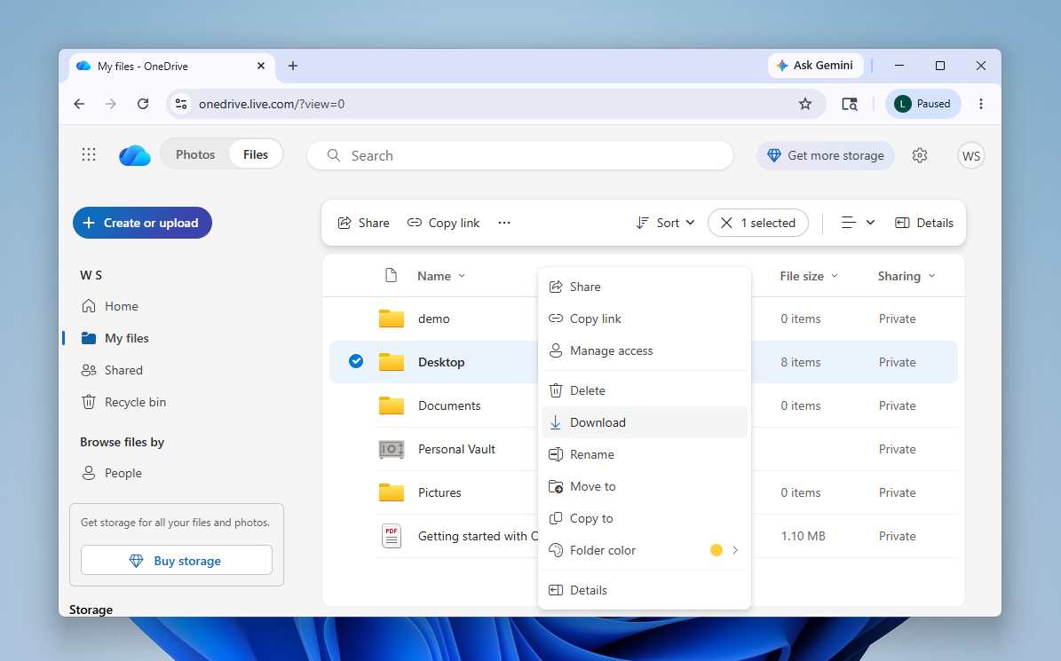 Downloading the Desktop folder from OneDrive web