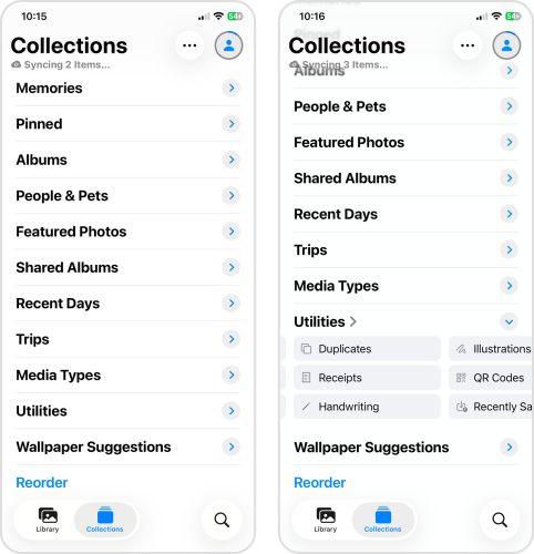 Opening the Duplicates album in the Photos app