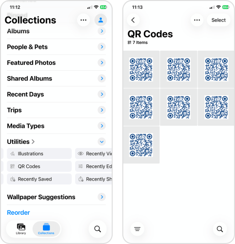 Receipts and QR Codes Collection in the Photos app